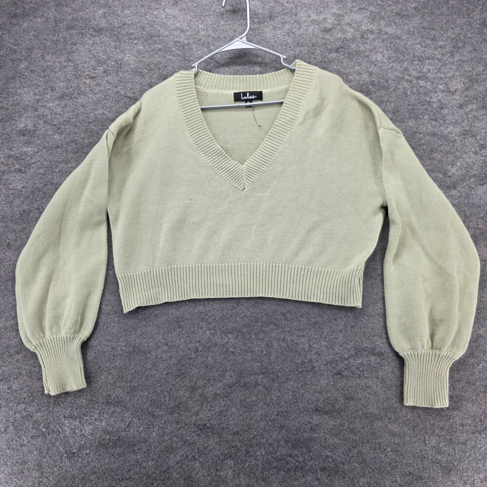 Lulus Sweater Womens Medium Cropped Long Sleeve Green V Neck